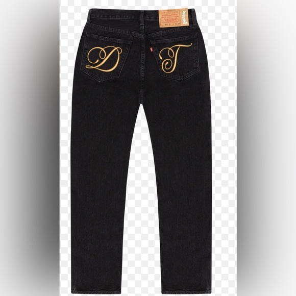 Black and Gold Straight Jeans with Elegant Detailing - Picture 1 of 1